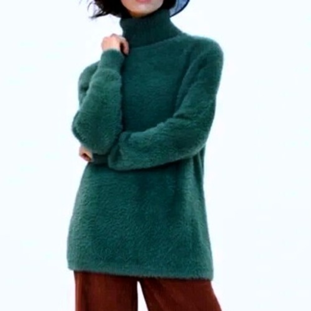 ZARA  KNIT Faux Fur High Neck Sweater Turtleneck Womens Small Green Fall Classic